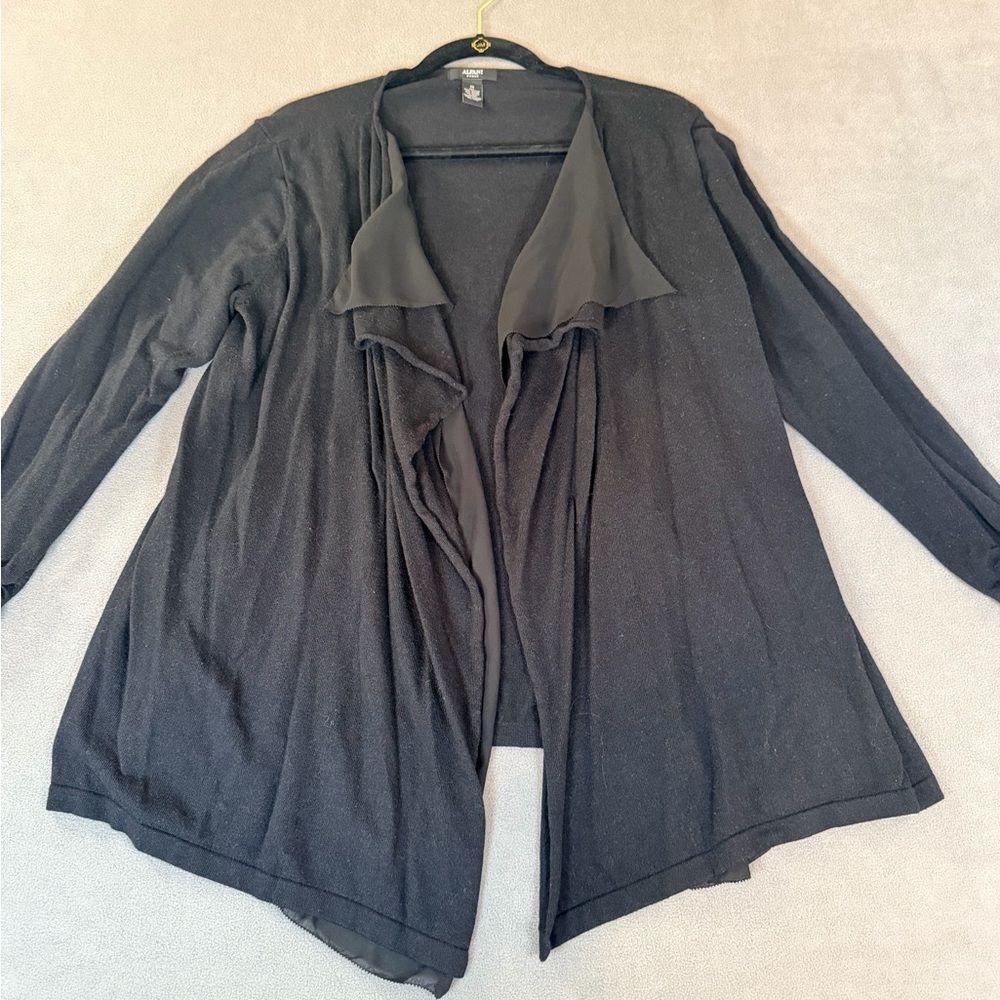 Alfani Women’s Black Open Front Cascading Layered Knit & Sheer Drape Cardigan-1X